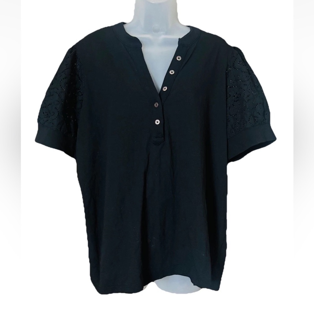 Elie Tahari Woman Black Jersey Lace Puff Sleeve Top Plus Size 1X Feminine V-neck